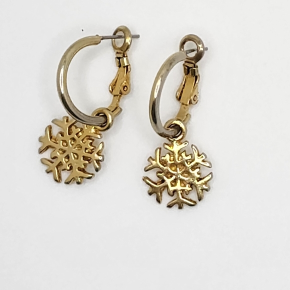 Snowflake Dangle Hoop Gold Tone Earrings - Picture 3 of 4